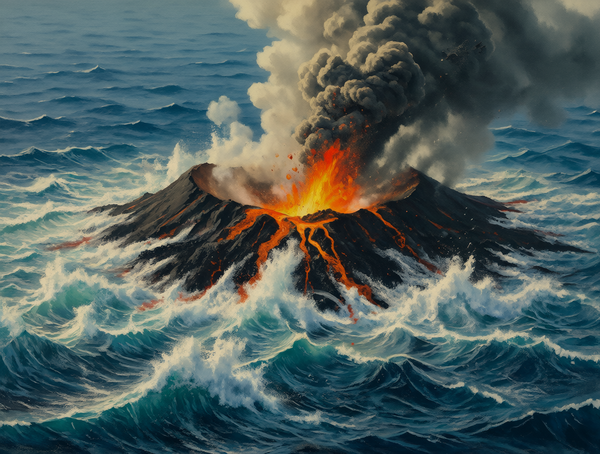 Representación artística de la erupción volcánica