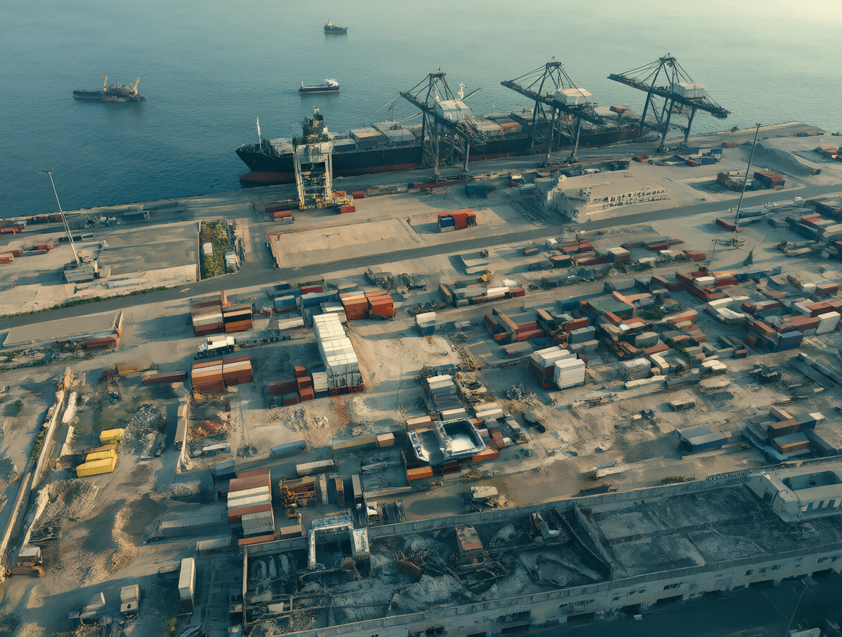 Escena portuaria con múltiples barcos y almacenes