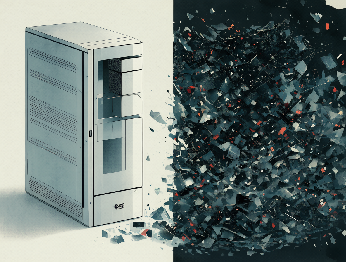 Ilustración dividida mostrando cómo Windows LTSC pasa de ser limpio y estable a un sistema aislado con problemas complejos.