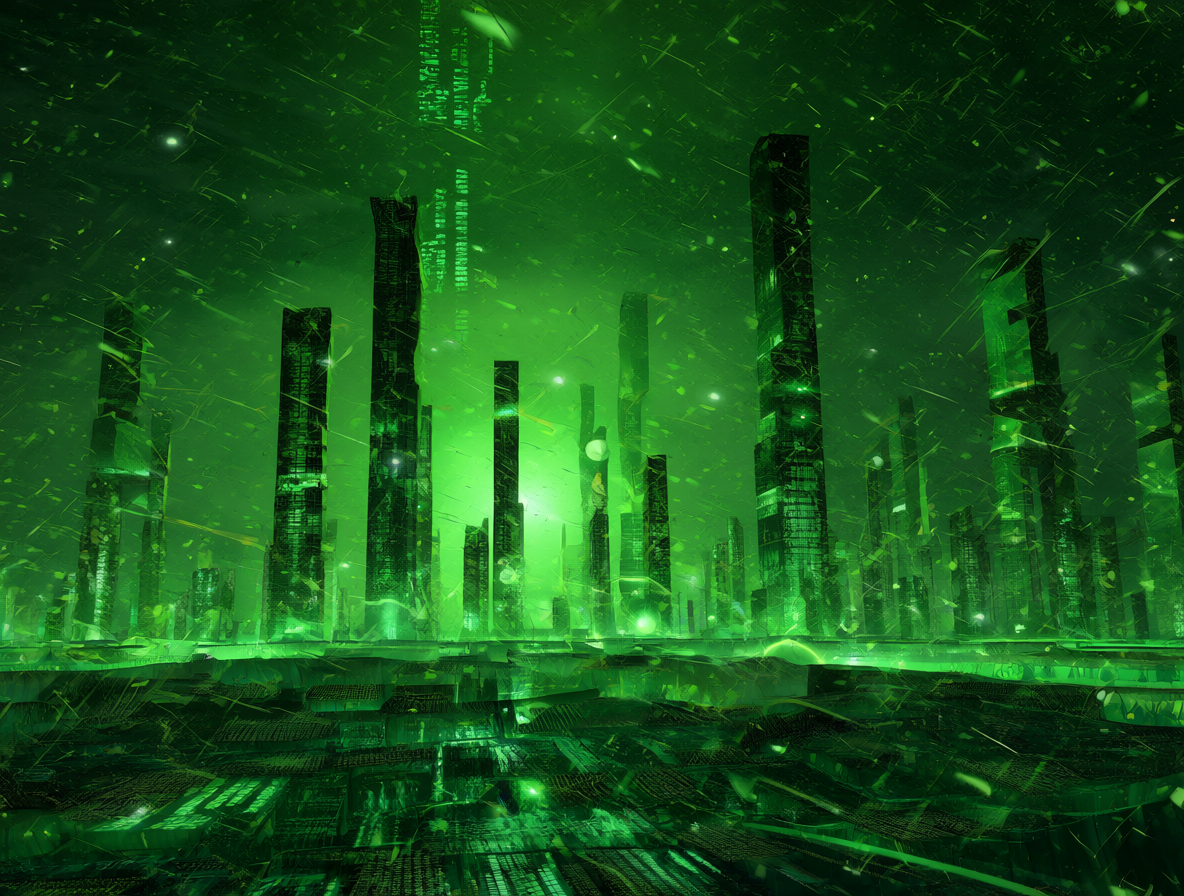Rascacielos futuristas cubiertos por una cascada de código verde brillante bajo un cielo nocturno digital.