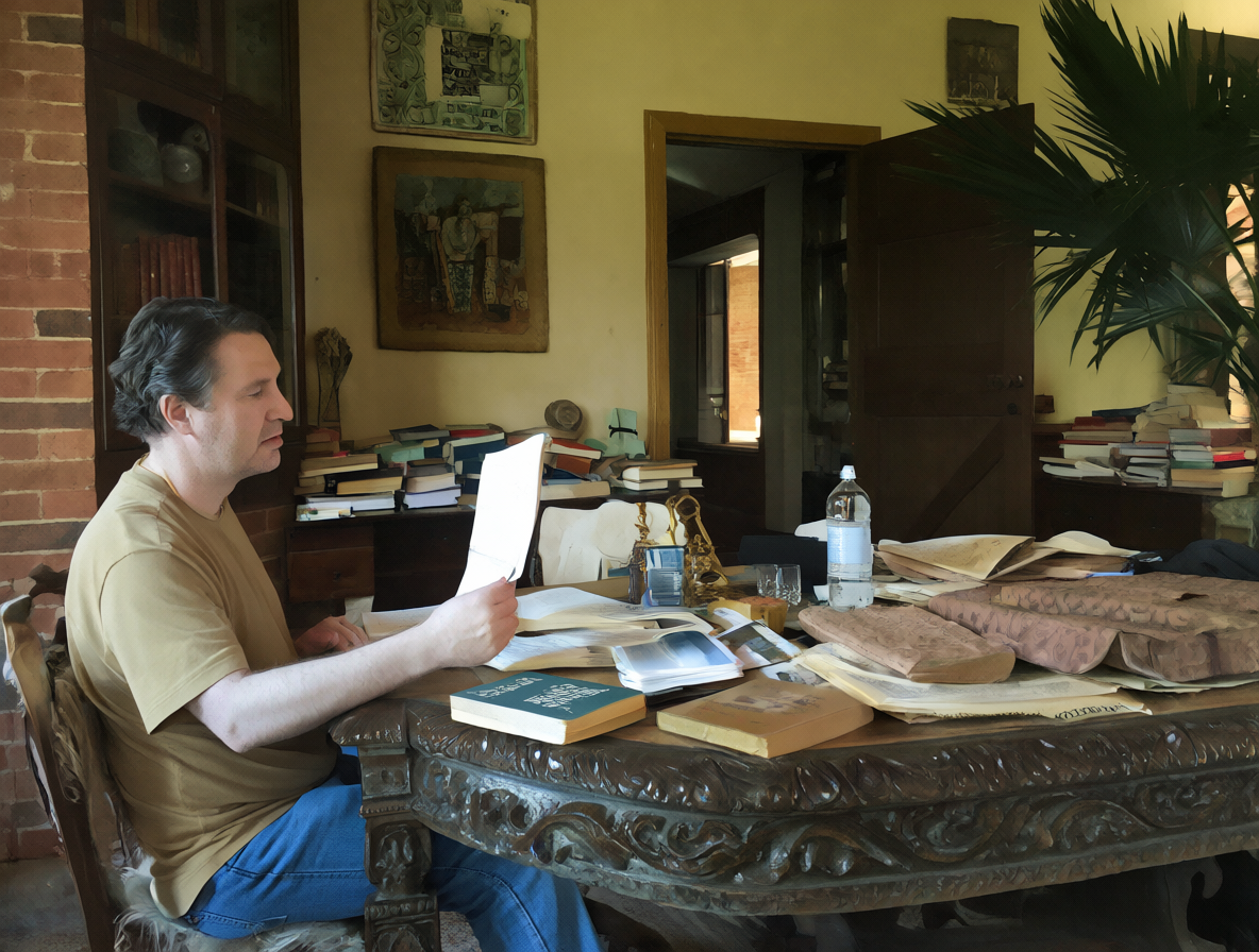 Nick Bostrom trabajando en un escritorio con apuntes filosóficos y libros abiertos relacionados con la teoría de la simulación.