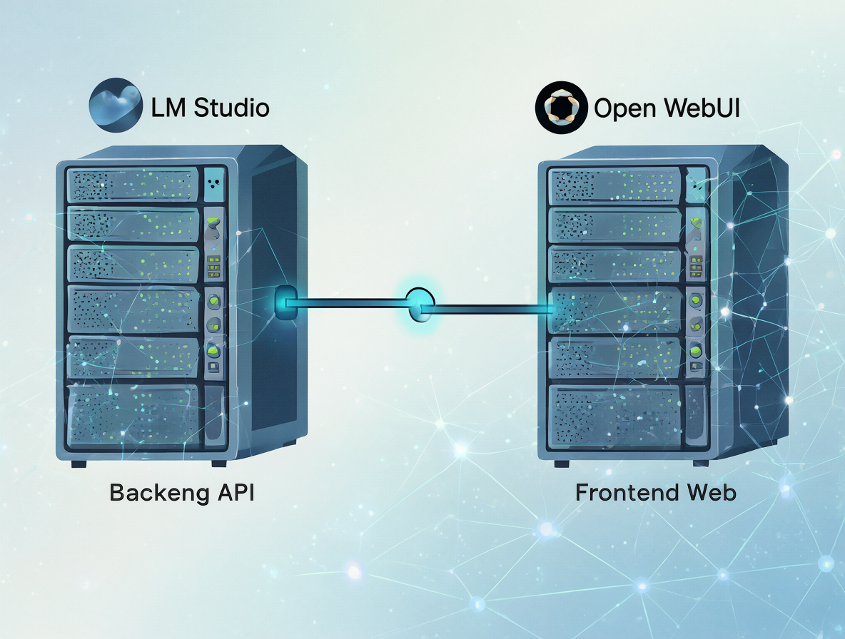 Diagrama mostrando la conexión entre un servidor de backend API (LM Studio) y una interfaz frontend web (Open WebUI).