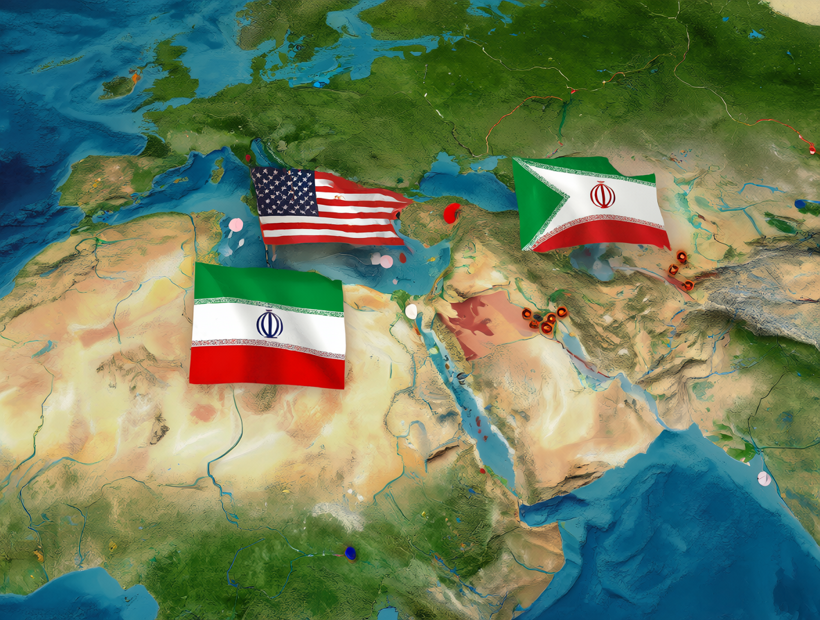 Un mapa detallado del Medio Oriente mostrando a los Estados Unidos y a Irán con sus banderas nacionales flotando sobre ellos, representando un enfrentamiento geopolítico tenso entre las dos naciones.