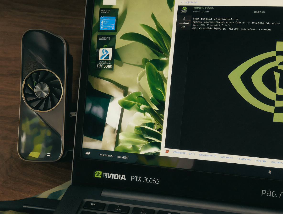 Laptop mostrando la tarjeta gráfica NVIDIA GeForce RTX 3060 y una ventana de terminal ejecutando Ollama.