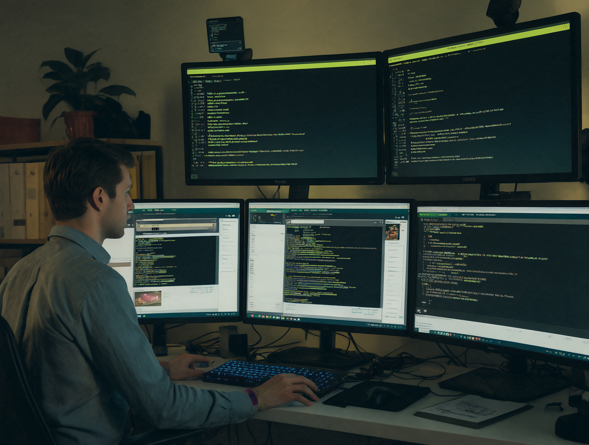 Person using multiple monitors to run local AI models for system administration