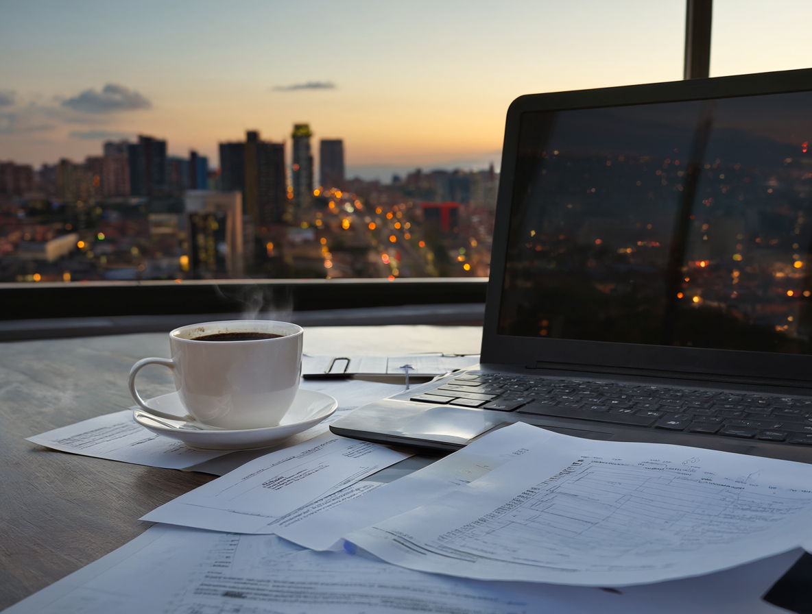 Vista clara de un moderno escritorio con una laptop abierta y una taza de café frente a una ventana con vista a la ciudad chilena, simbolizando el inicio de un emprendimiento tecnológico.