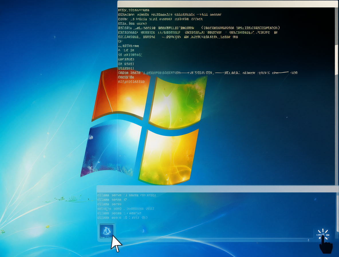 Icono de Ollama en la bandeja de tareas de Windows, con una ventana de configuración fantasma desvaneciéndose y una terminal abierta al lado.