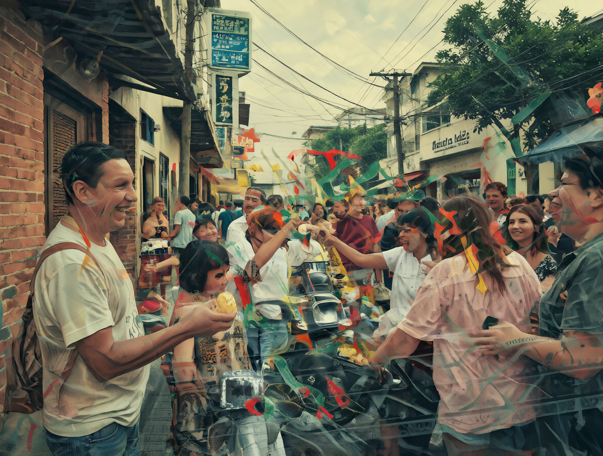Un barrio lleno de vida contrastando con gráficos económicos, simbolizando el conflicto entre comunidad y especulación.