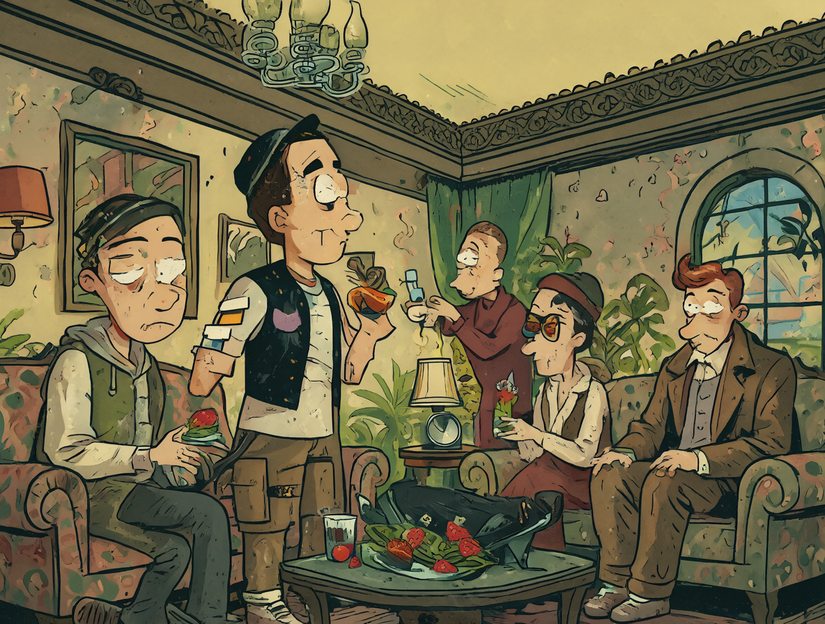 Personajes de cómic con rostros indistinguibles en una escena de disfraz