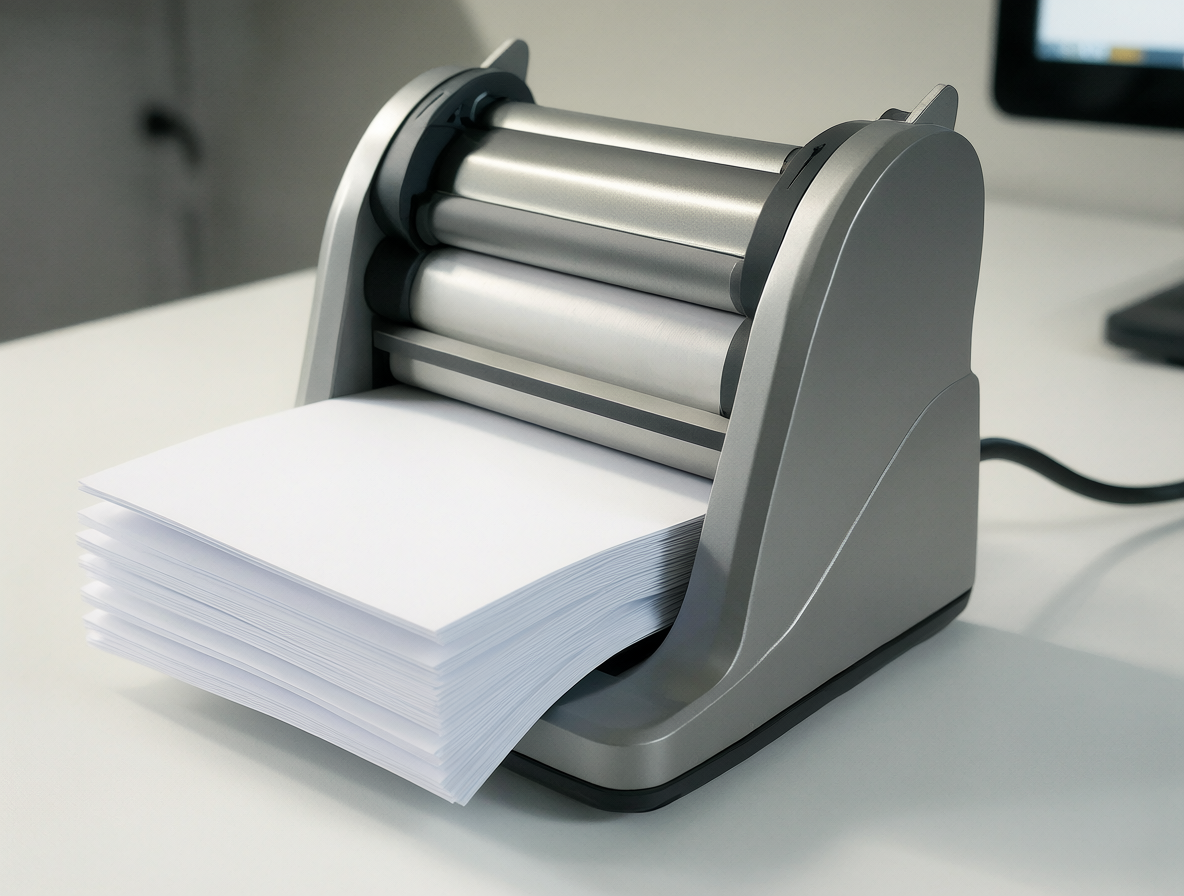 Máquina de doblar papel compacta procesando hojas blancas.