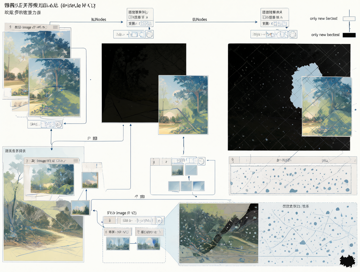 Diagrama del flujo ComfyUI con el nodo Resize Image v2 generando máscaras automáticas.