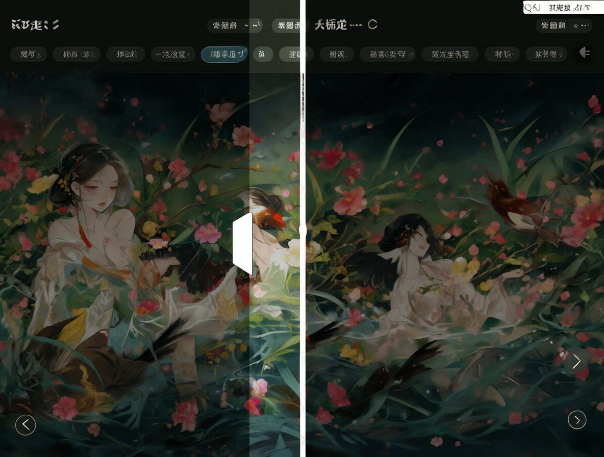 Vista completa de un comparador de imágenes web con una barra deslizante blanca separando dos mitades de imagen.