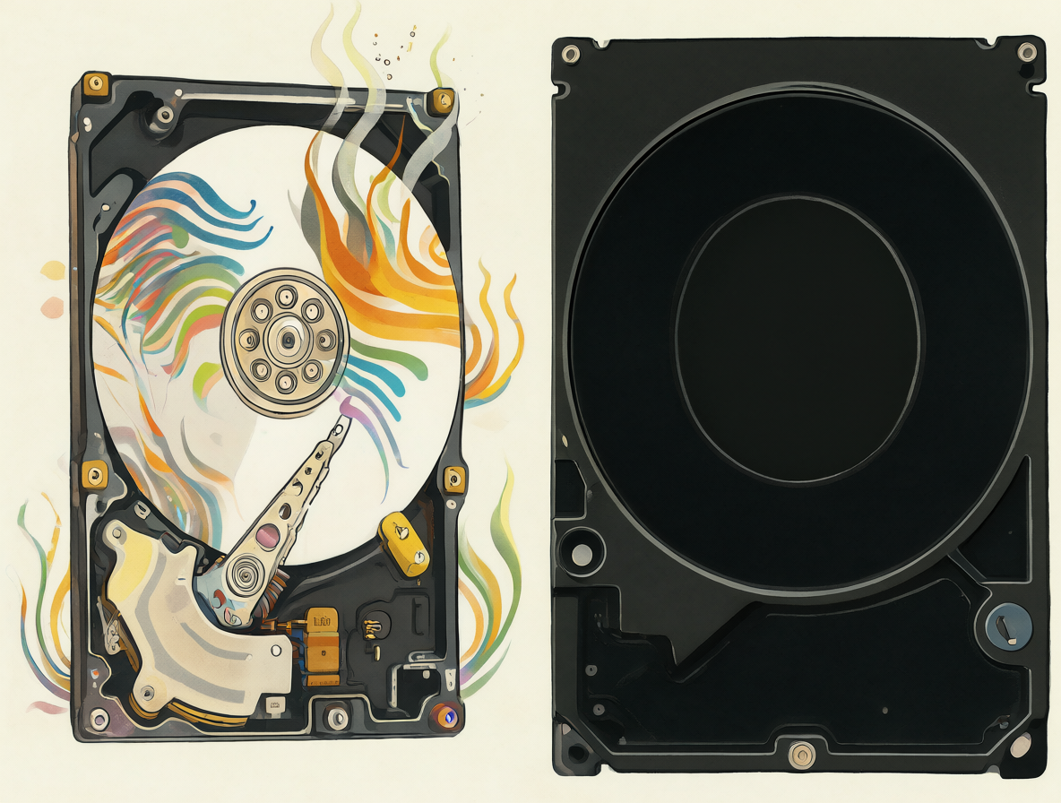 Ilustración comparativa de un HDD activo versus un grabador óptico en reposo.