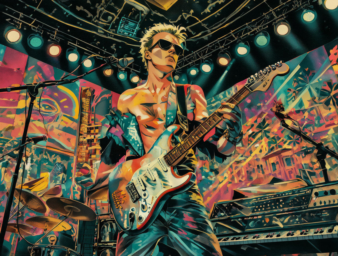 Ilustración artística de Sting tocando su guitarra Fender Stratocaster bajo luces de neón y sintetizadores vintage, capturando la atmósfera vibrante del New Wave de los años 80.