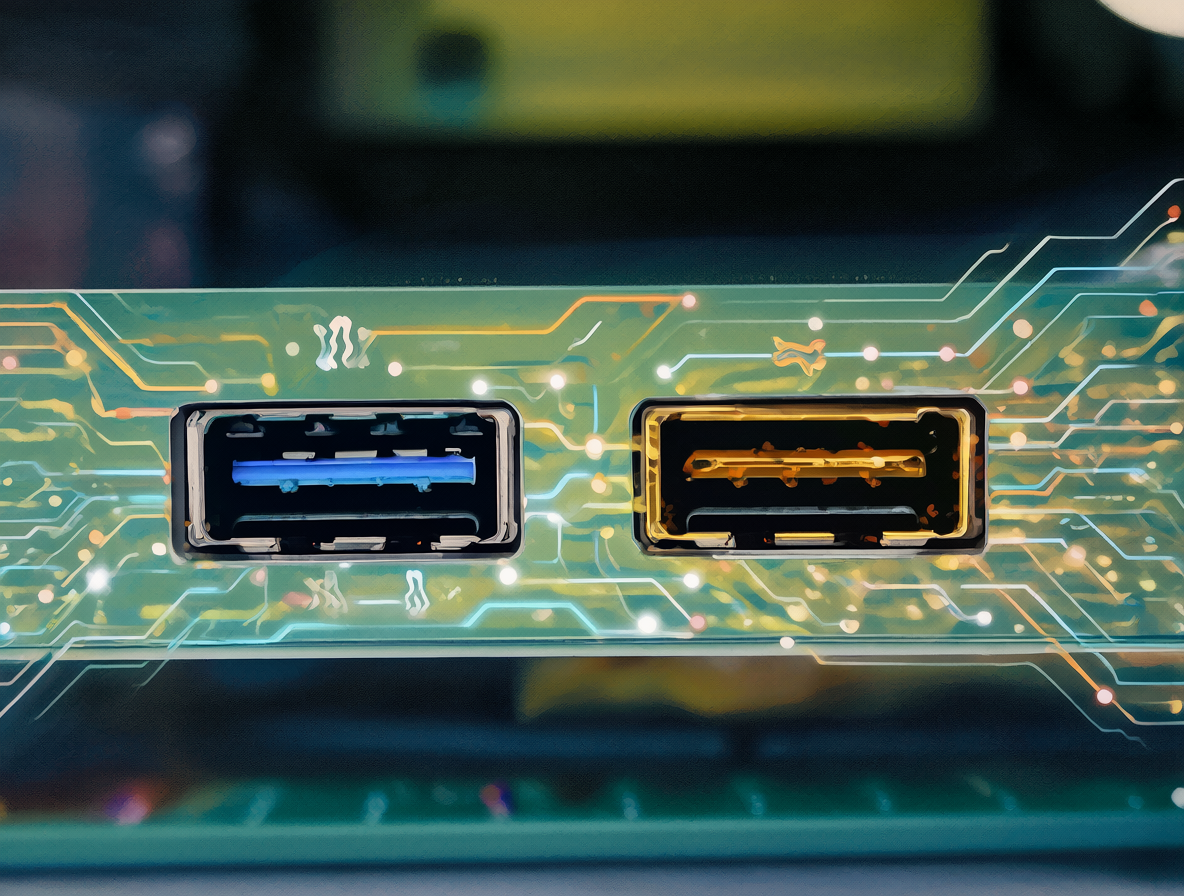 Close-up of a computer case front panel featuring both blue and gold USB ports, representing the hardware upgrade from version 2.0 to 3.0.