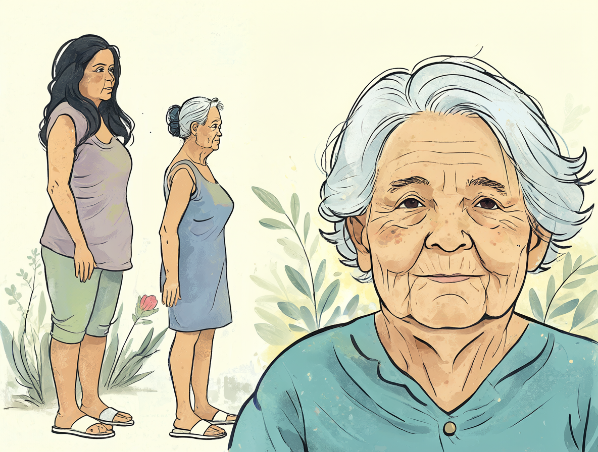 Representación artística de una pareja con diferencia de edad y el entorno social observándolos críticamente