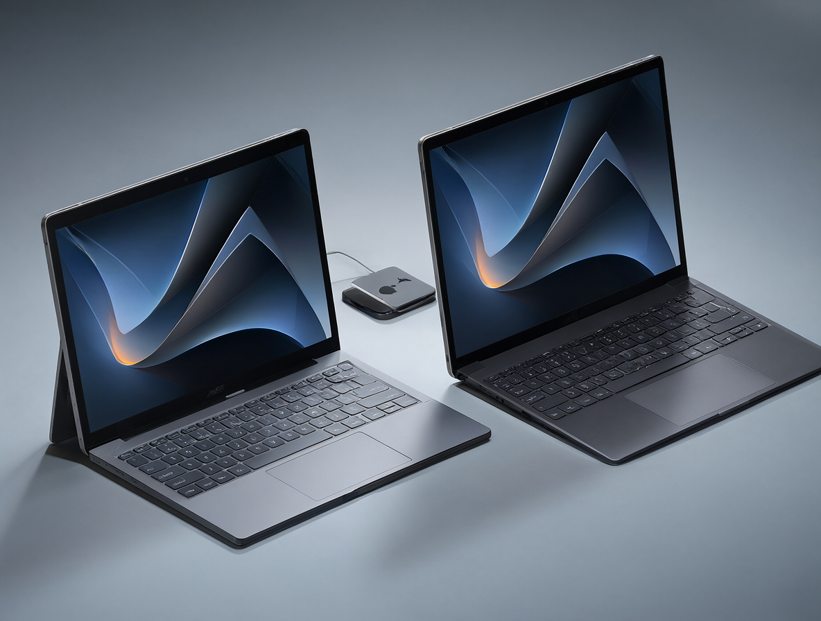 Varios modelos de laptops modernas con chips Snapdragon X Elite y un dispositivo Apple, ilustrando la competencia entre hardware ARM y x86 en 2026.