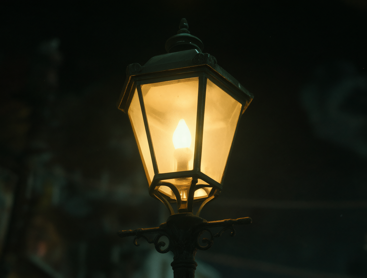 A close-up view of a bright vintage-style streetlamp standing alone in the poster for The Amazing Digital Circus, with dark shadows emphasizing its isolation.