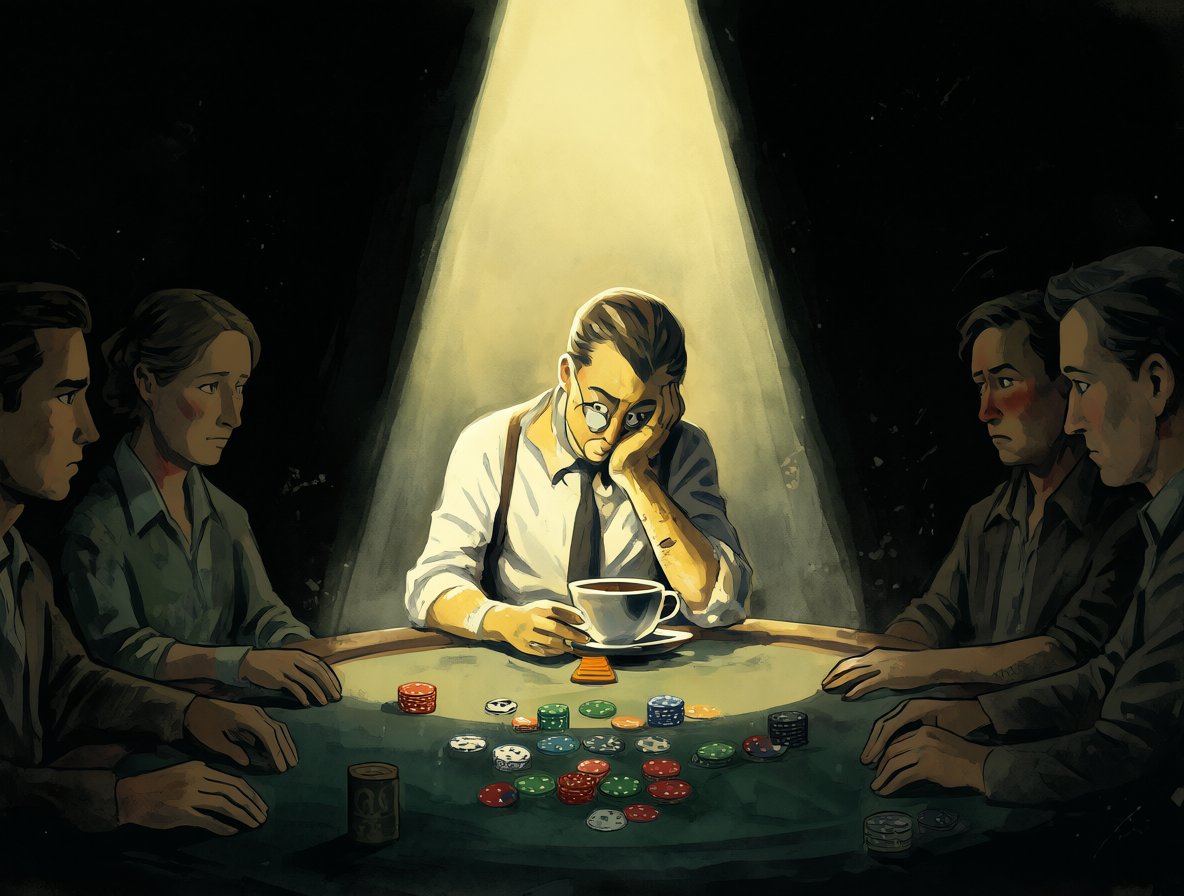 A dramatic scene showing a poker player exposed under a bright spotlight while the rest of the room remains dark, representing vulnerability and exposure.