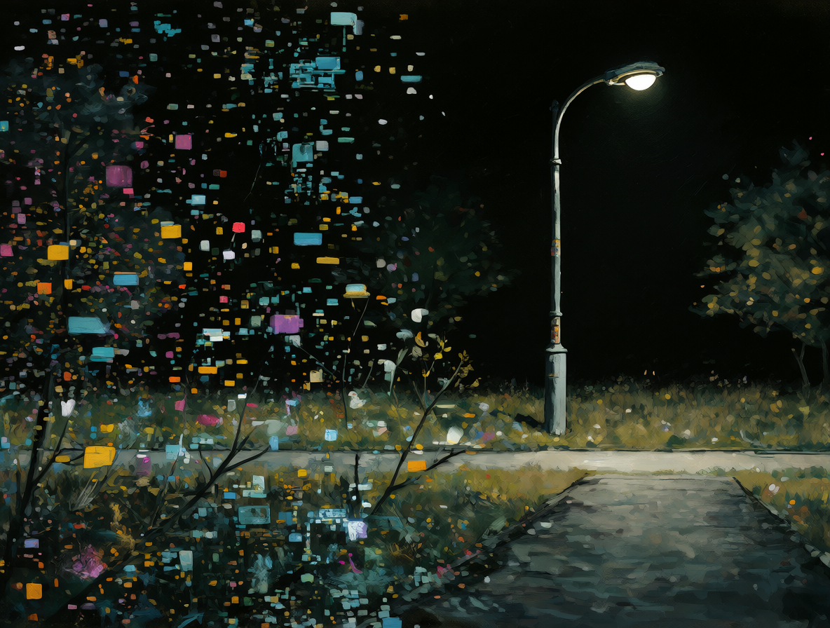 A split composition showing a chaotic digital void on one side and a mundane, realistic world with a single streetlamp illuminating a quiet path on the other.