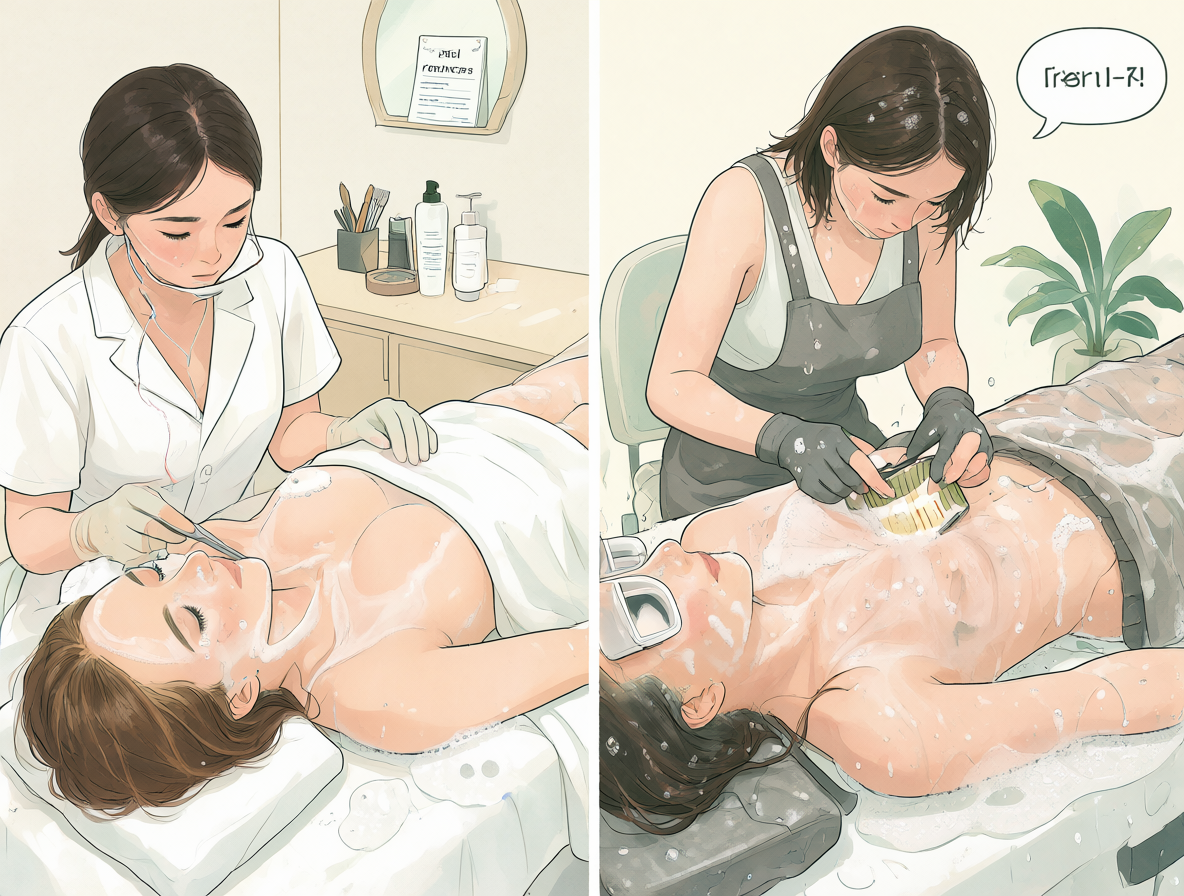 Comparativa visual entre recibir un servicio profesional de esteticista y realizar el afeitado del vello púbico por cuenta propia.