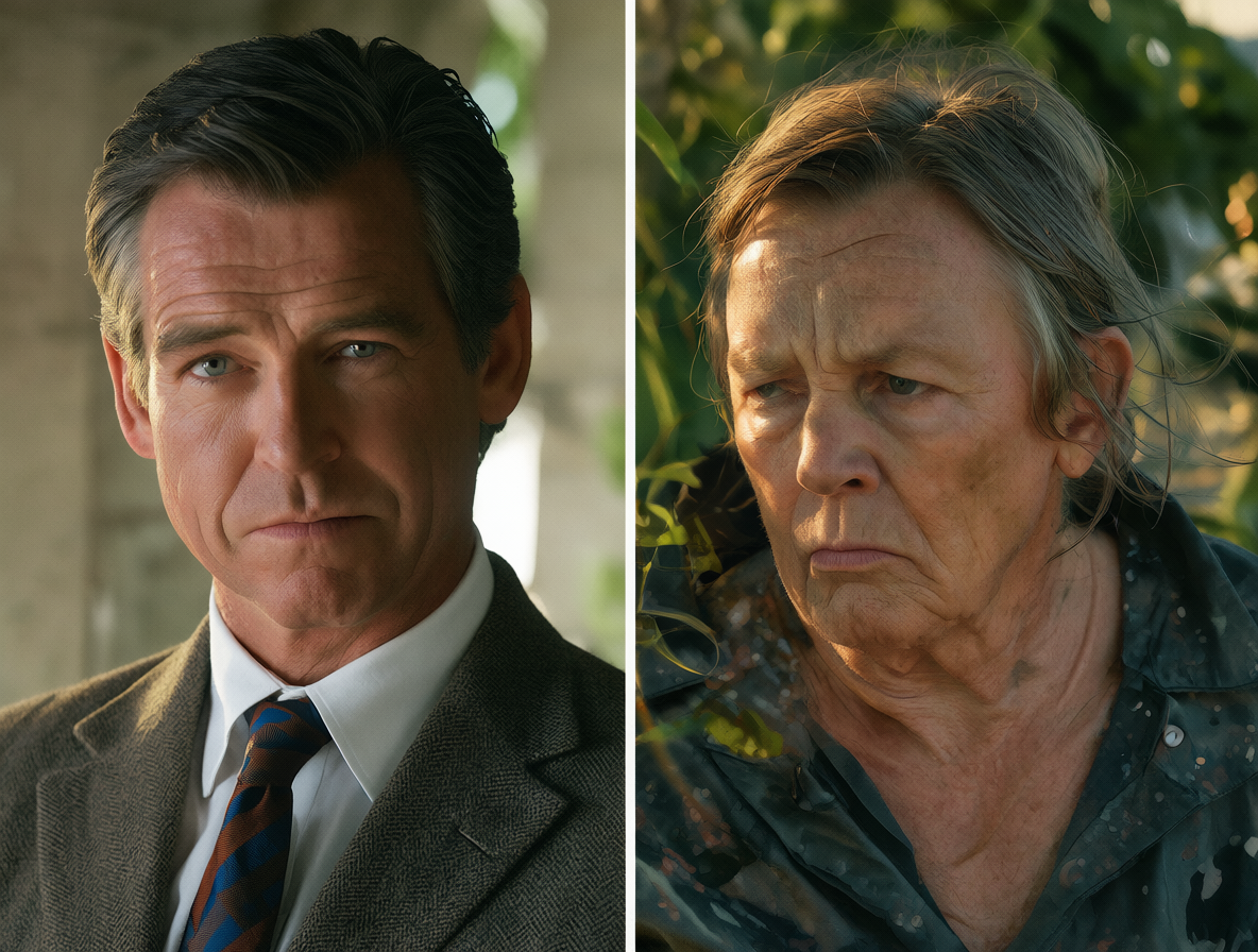 Split-screen image showing two different interpretations of the character M played by Judi Dench in James Bond films.