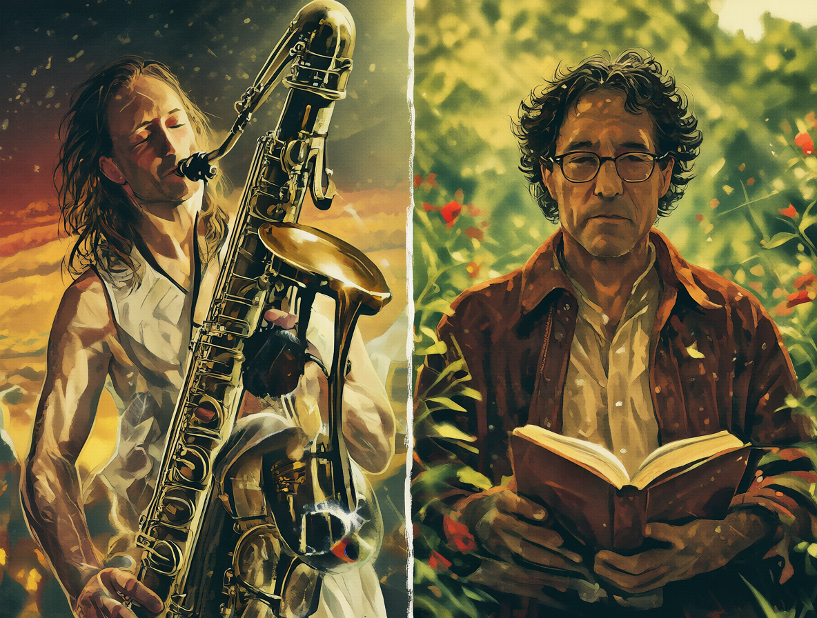 Ilustración dividida mostrando a Kenny G tocando su saxofón y a Paulo Coelho leyendo un libro.