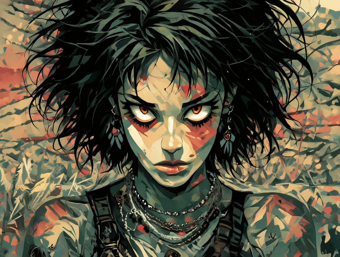 Retrato ilustrado de una chica con estilo alternativo y cabello desordenado.