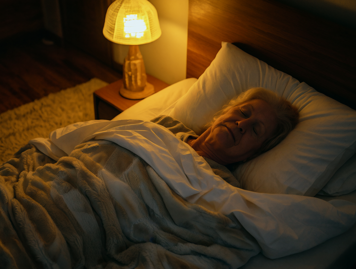 Adulto mayor durmiendo tranquilamente bajo una manta en su habitación nocturna