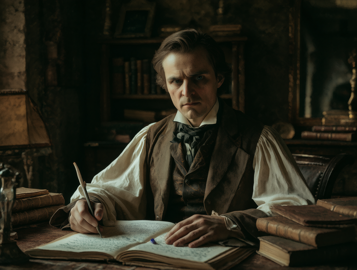 Retrato de Edgar Allan Poe escribiendo en su escritorio