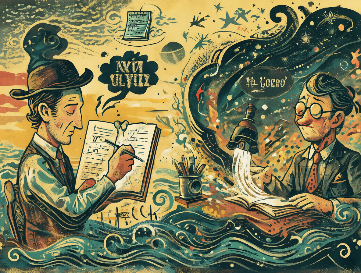 Ilustración del escritor pasando de escribir una obra a analizarla