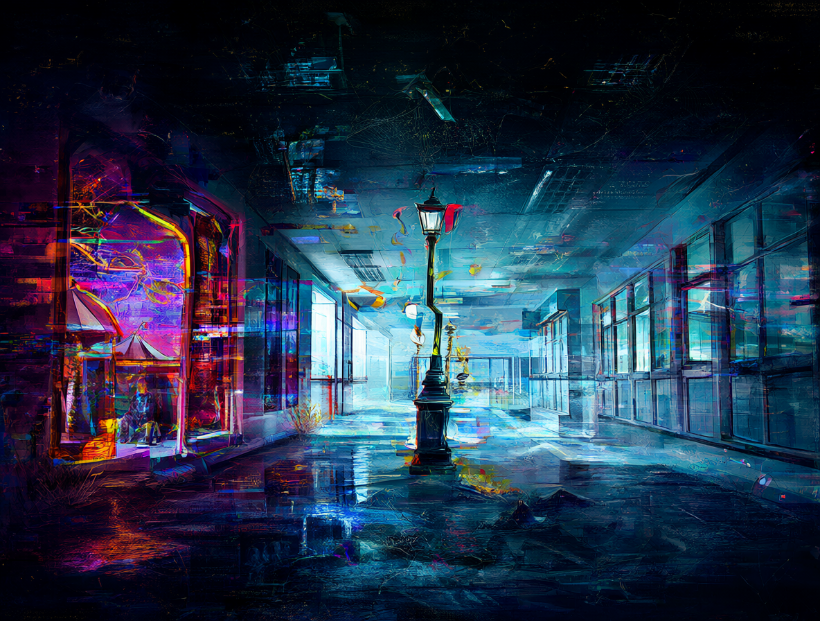 Vista surrealista de las entradas al circo digital mezcladas con un pasillo de hospital y una farola antigua.