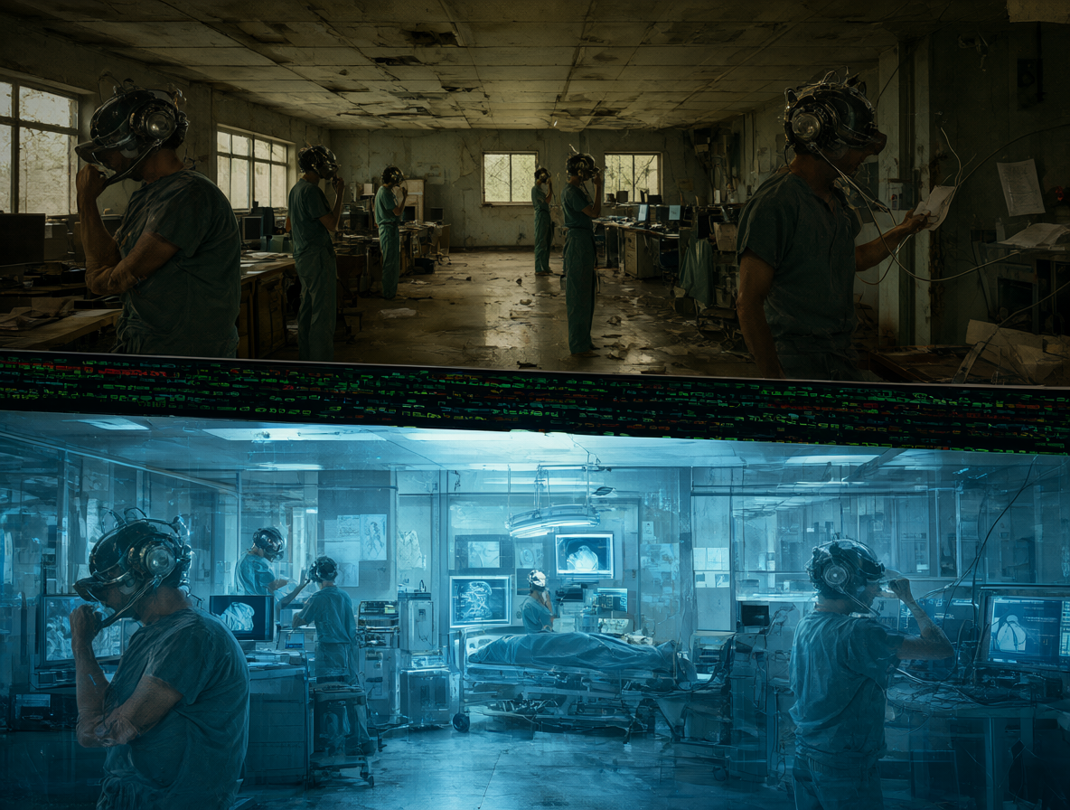 Personajes usando cascos tecnológicos sobre un fondo dividido entre una oficina noventera y un hospital.