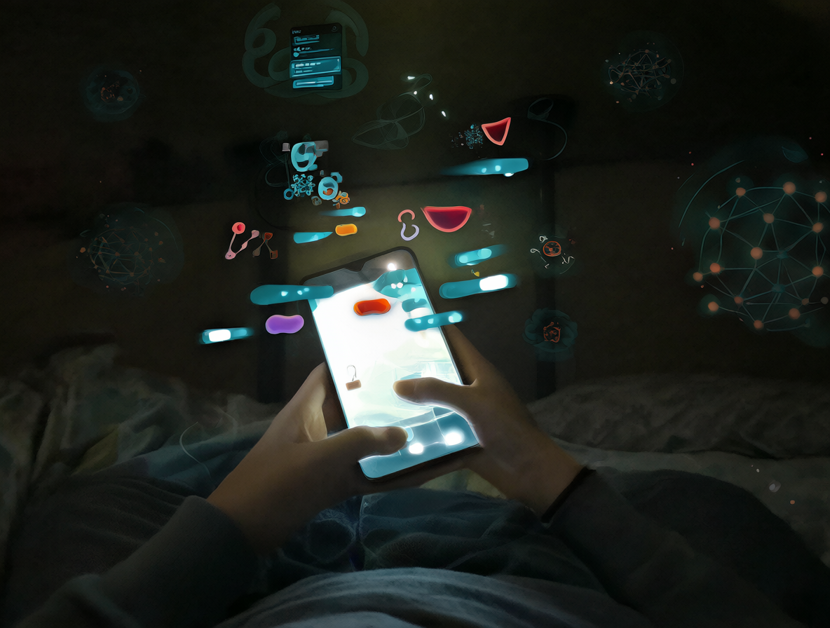 Una persona sentada sosteniendo un smartphone iluminado, rodeada de burbujas de chat y símbolos de IA flotantes.