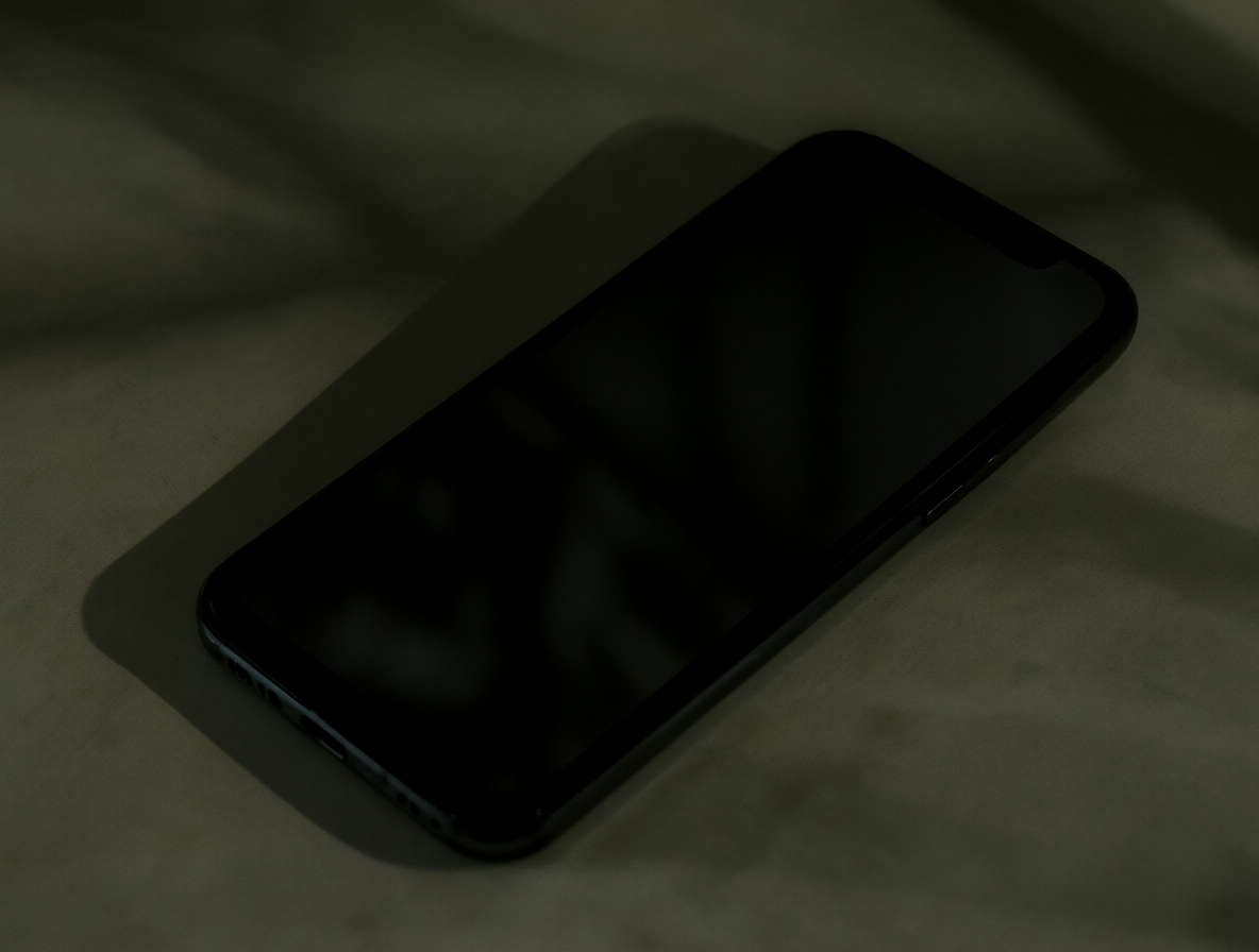 Un teléfono móvil aislado sobre una superficie oscura con la pantalla apagada y en blanco.