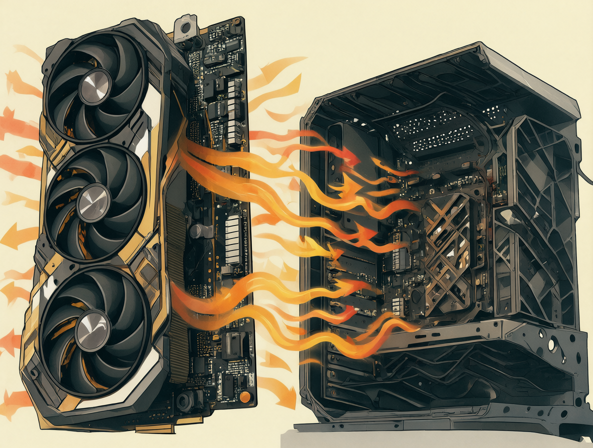 Comparación entre una tarjeta gráfica gigante y un PC pequeño, mostrando el tamaño físico de los componentes