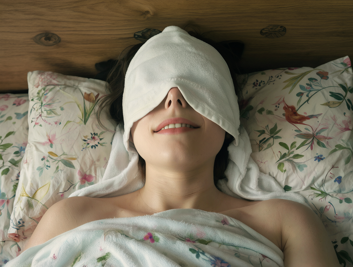 Mujer mayor durmiendo plácidamente con una toalla sobre los ojos en su habitación.