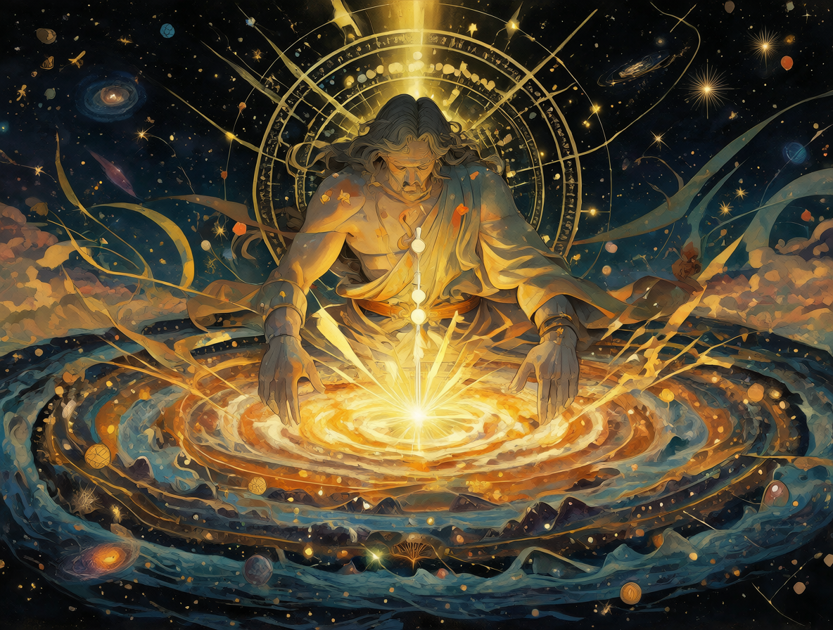 Arquitecto celestial ordenando el cosmos platónico