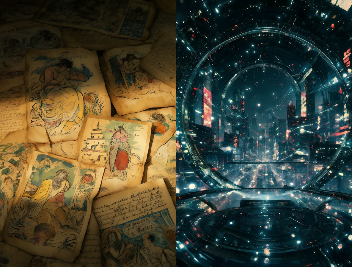 Contraste entre textos gnósticos antiguos y estética cyberpunk