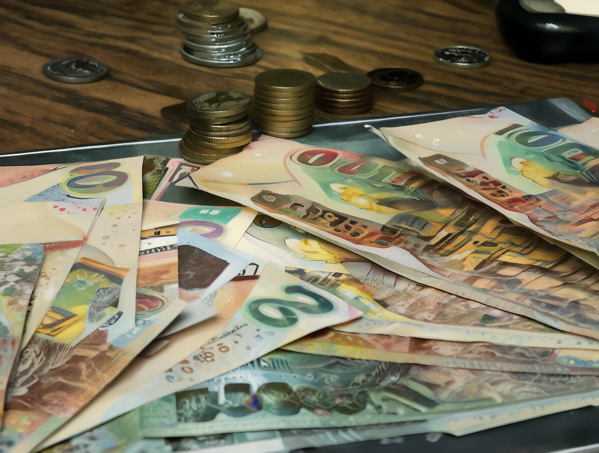 Libro de caja abierto con billetes sobre una mesa de madera