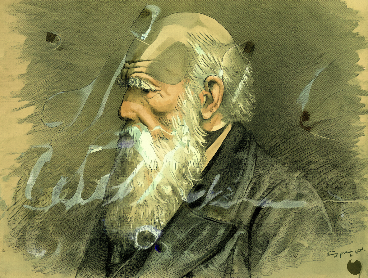 Charles Darwin en un entorno de estudio científico histórico.