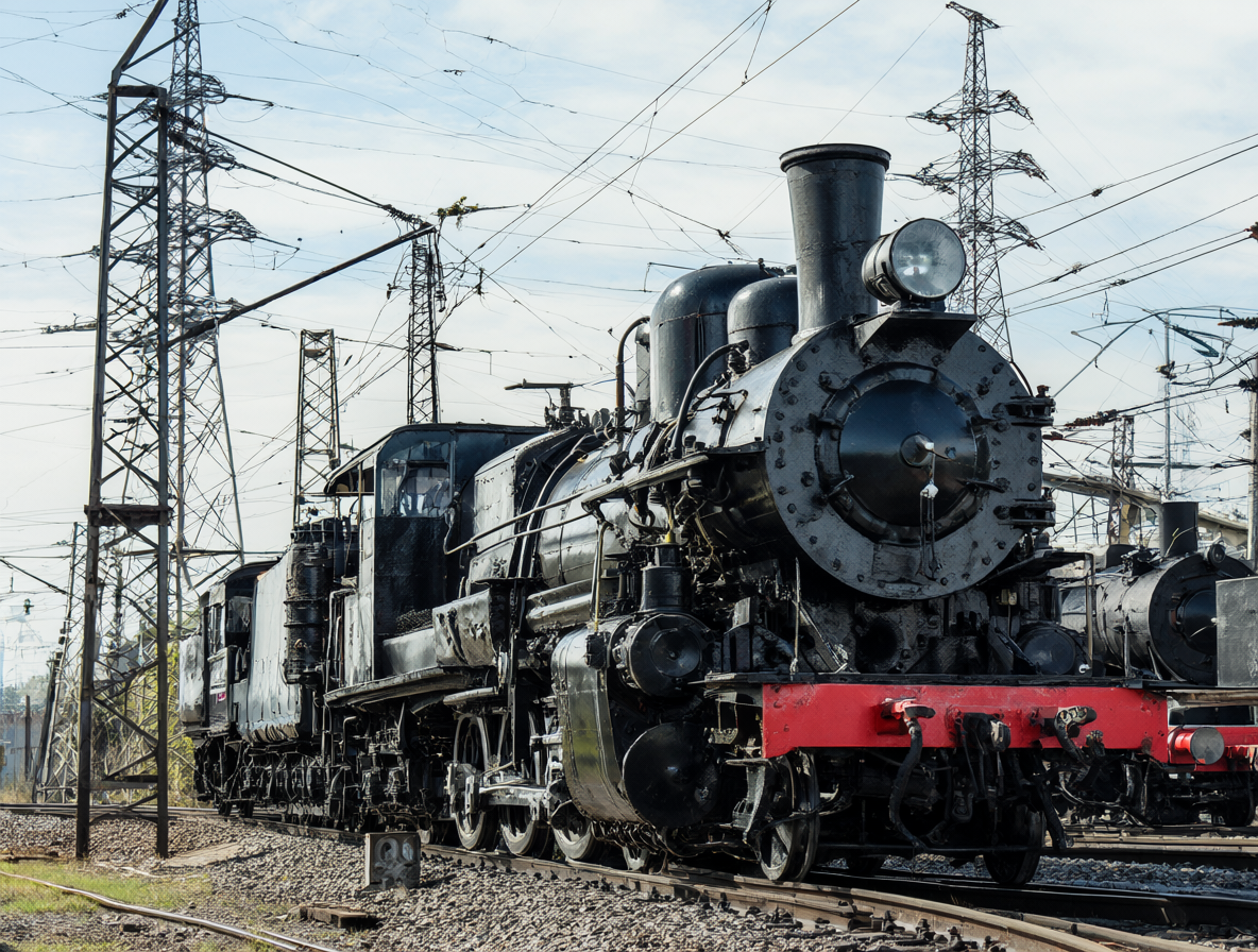 Vista detallada de locomotoras a vapor avanzadas e infraestructura eléctrica histórica.