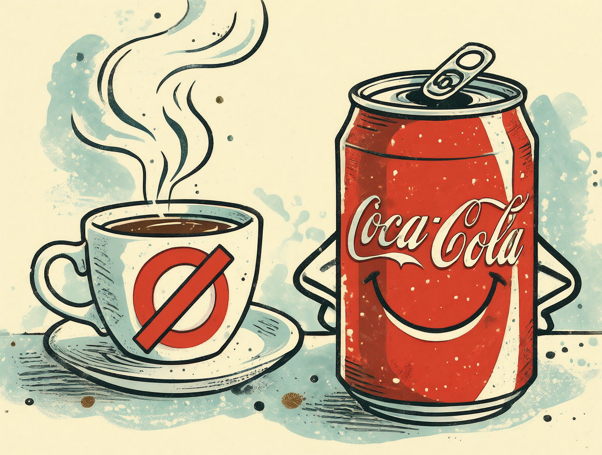 Ilustración mostrando la paradoja de las bebidas mormonas con una taza tachada y una lata de Coca-Cola.