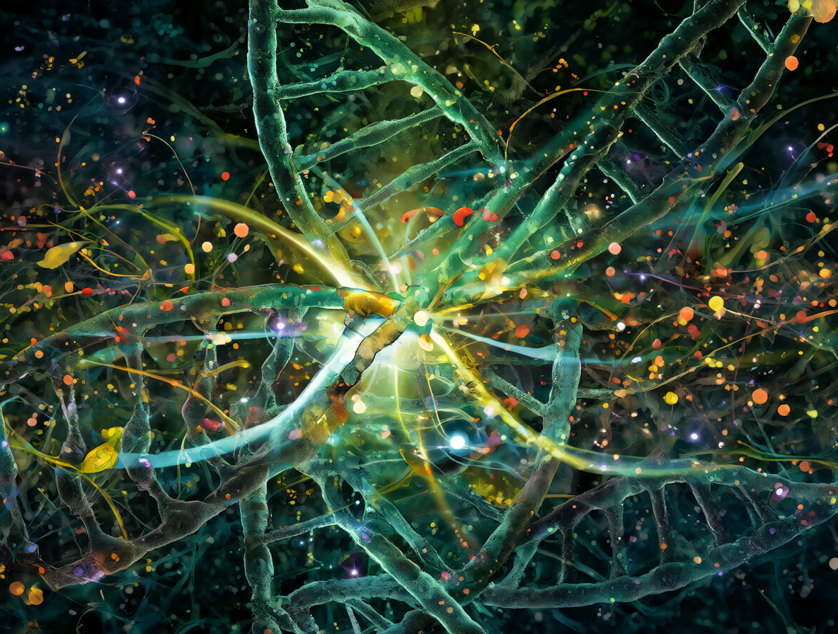 Arte abstracto que mezcla redes neuronales digitales con cadenas de ADN orgánicas y partículas cuánticas brillantes.