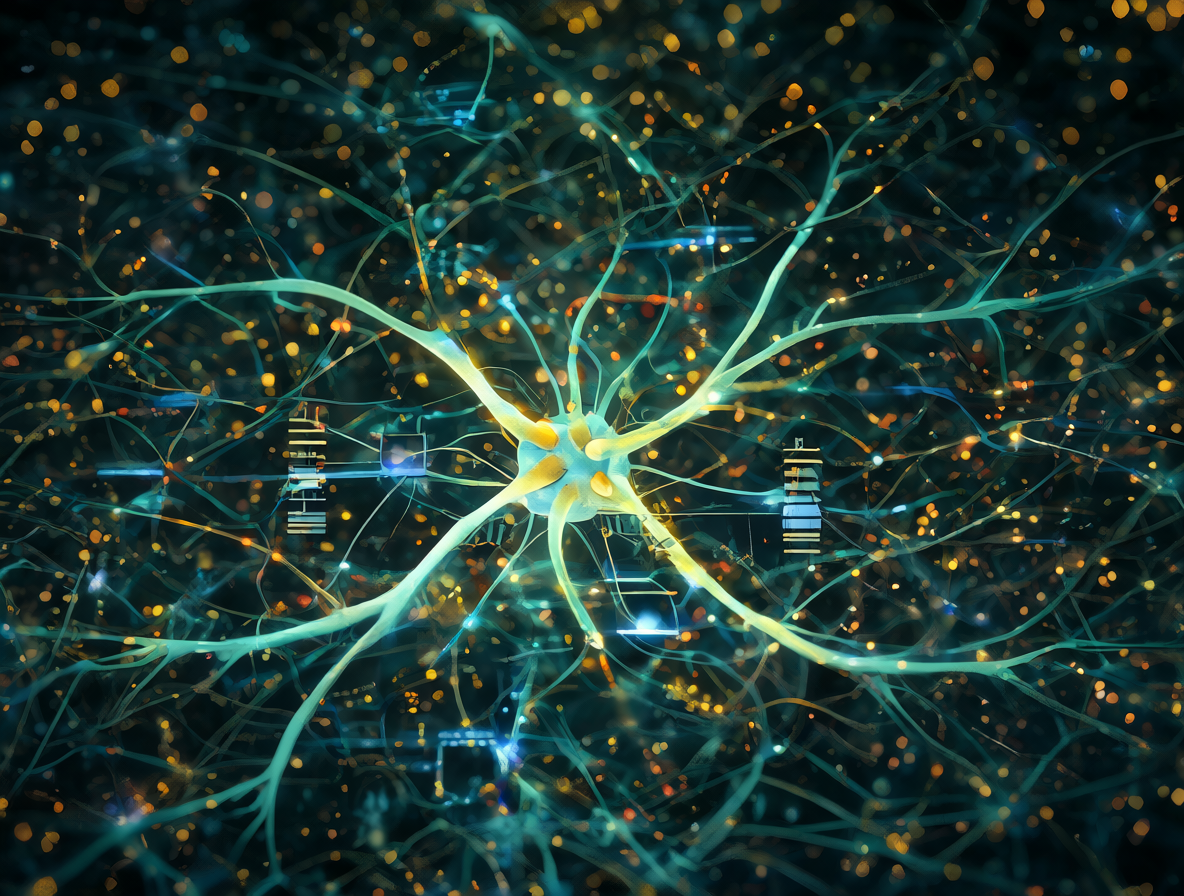 Vista cercana de una arquitectura de red neuronal brillante.
