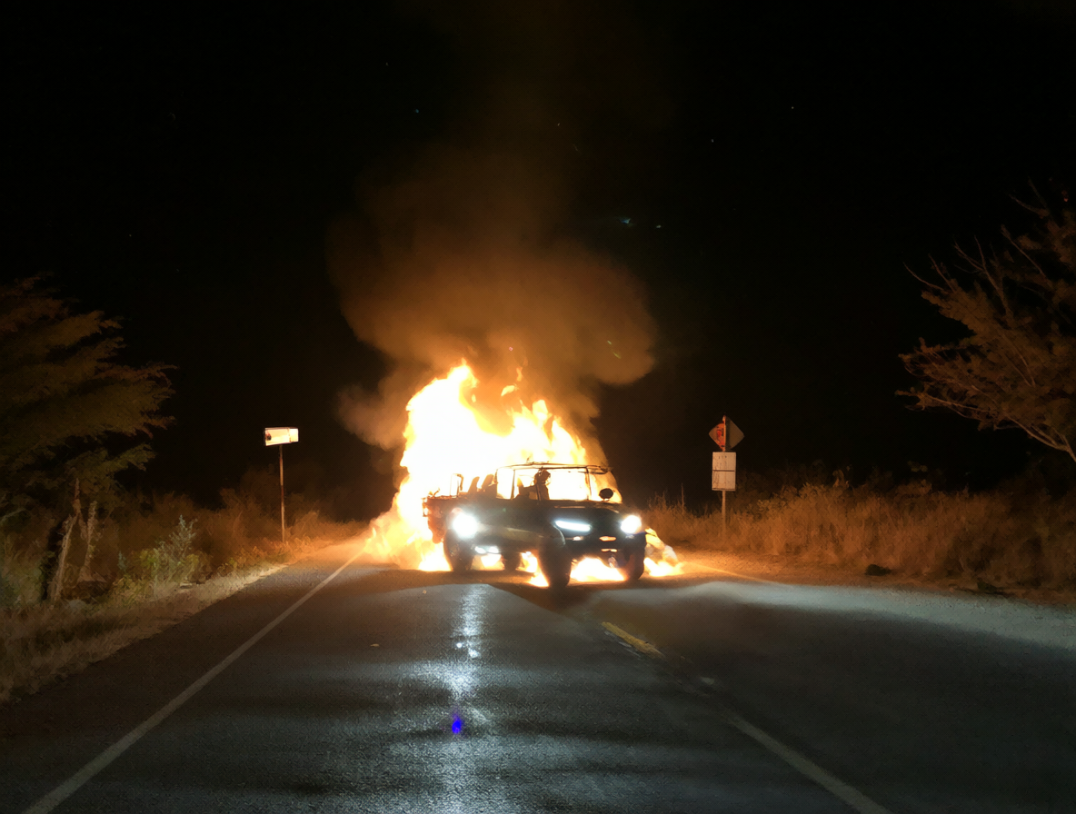 Patrulla policial ardiendo en un camino rural nocturno tras el atentado de Canete