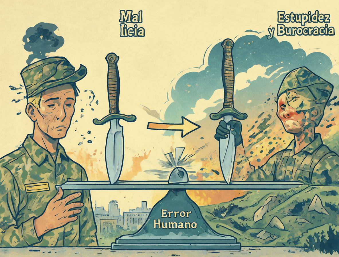 Diagrama conceptual mostrando el equilibrio entre malicia y error humano en fallos institucionales