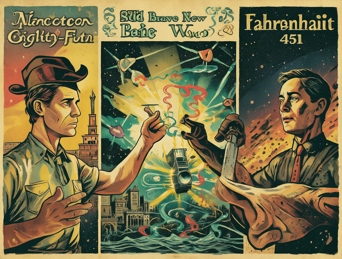 Portadas de las novelas de Orwell, Huxley y Bradbury