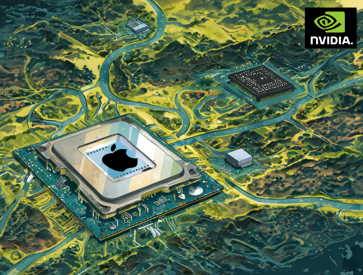 Ilustración comparando las estrategias de hardware de Apple y NVIDIA.