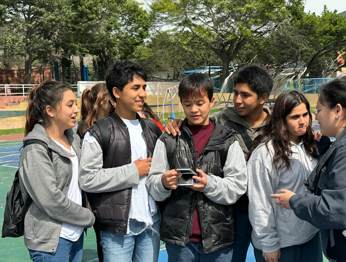 Grupos de estudiantes conversando sin dispositivos electrónicos.